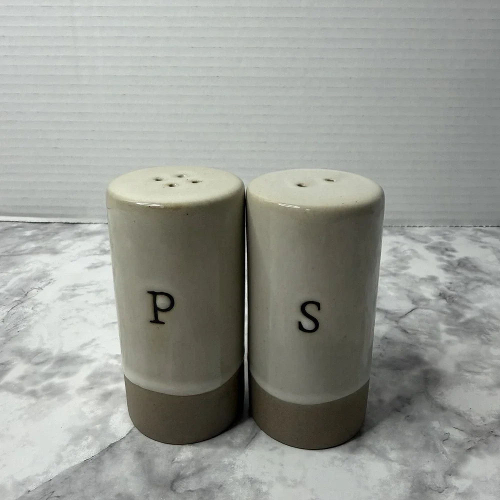 Hearth & Hand Stoneware Salt & Pepper Shakers Cream Tan P S Joanna Gaines EUC
